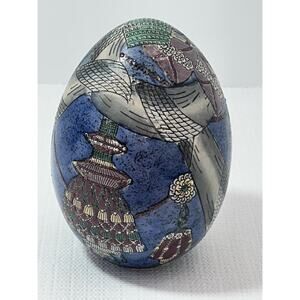 VTG 6.5” Tall Decorative Hand Painted Tassels Chinese Asian Ceramic Egg Decor